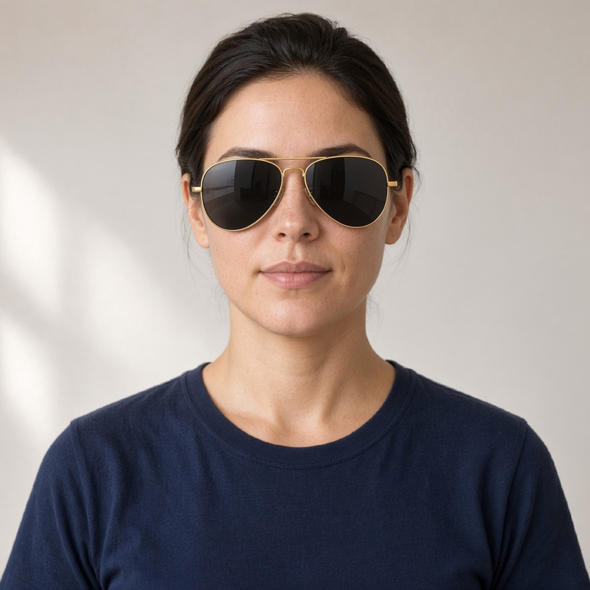 Sample portrait wearing gold aviator sunglasses