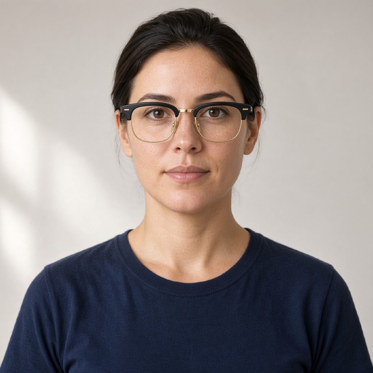 Sample portrait wearing black and gold browline glasses