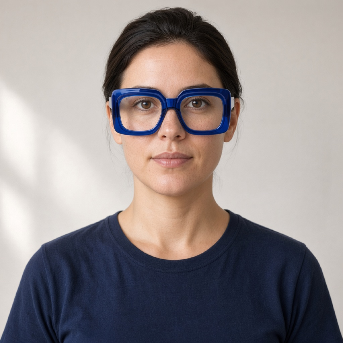 Sample portrait wearing oversized cobalt square glasses