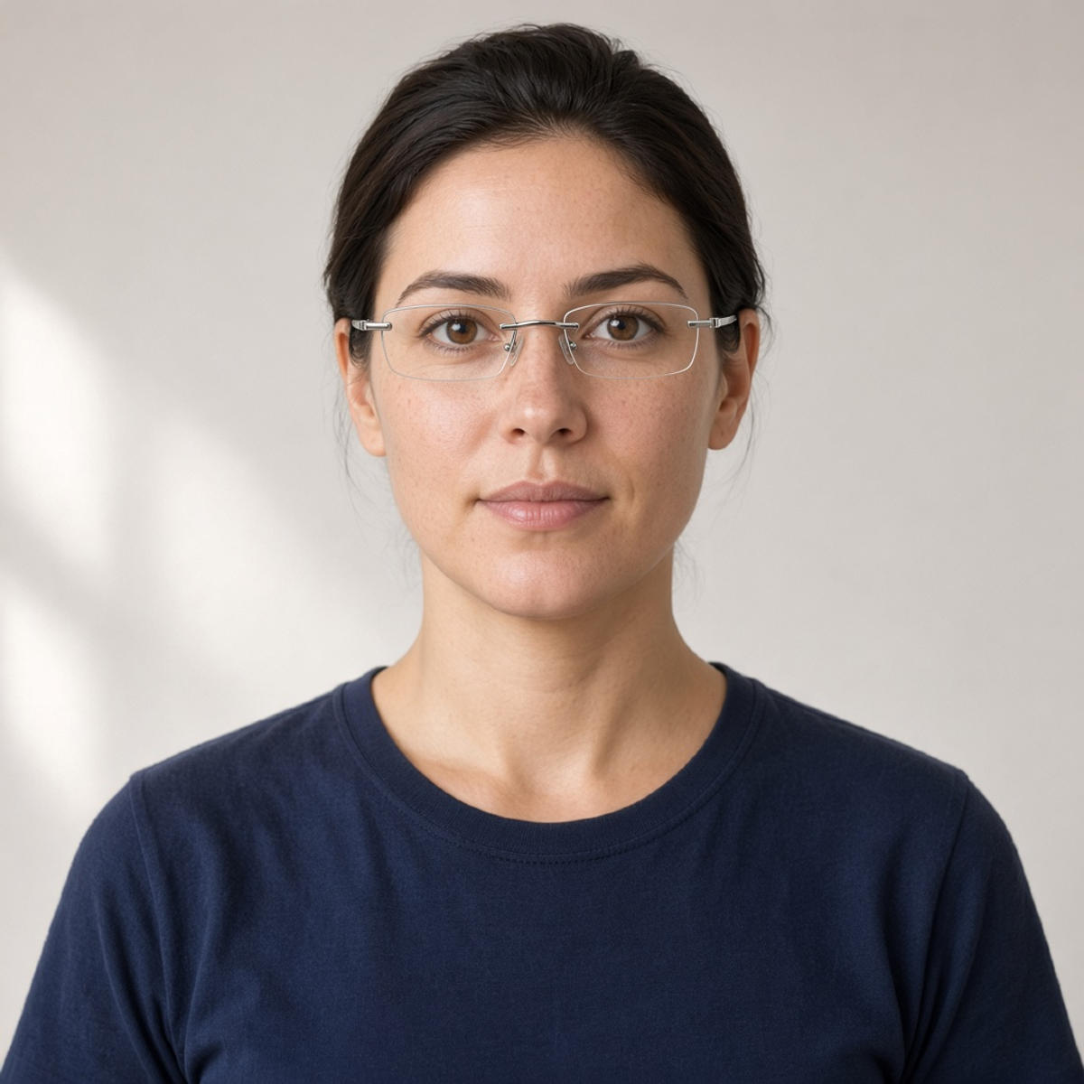 Sample portrait wearing thin rimless glasses