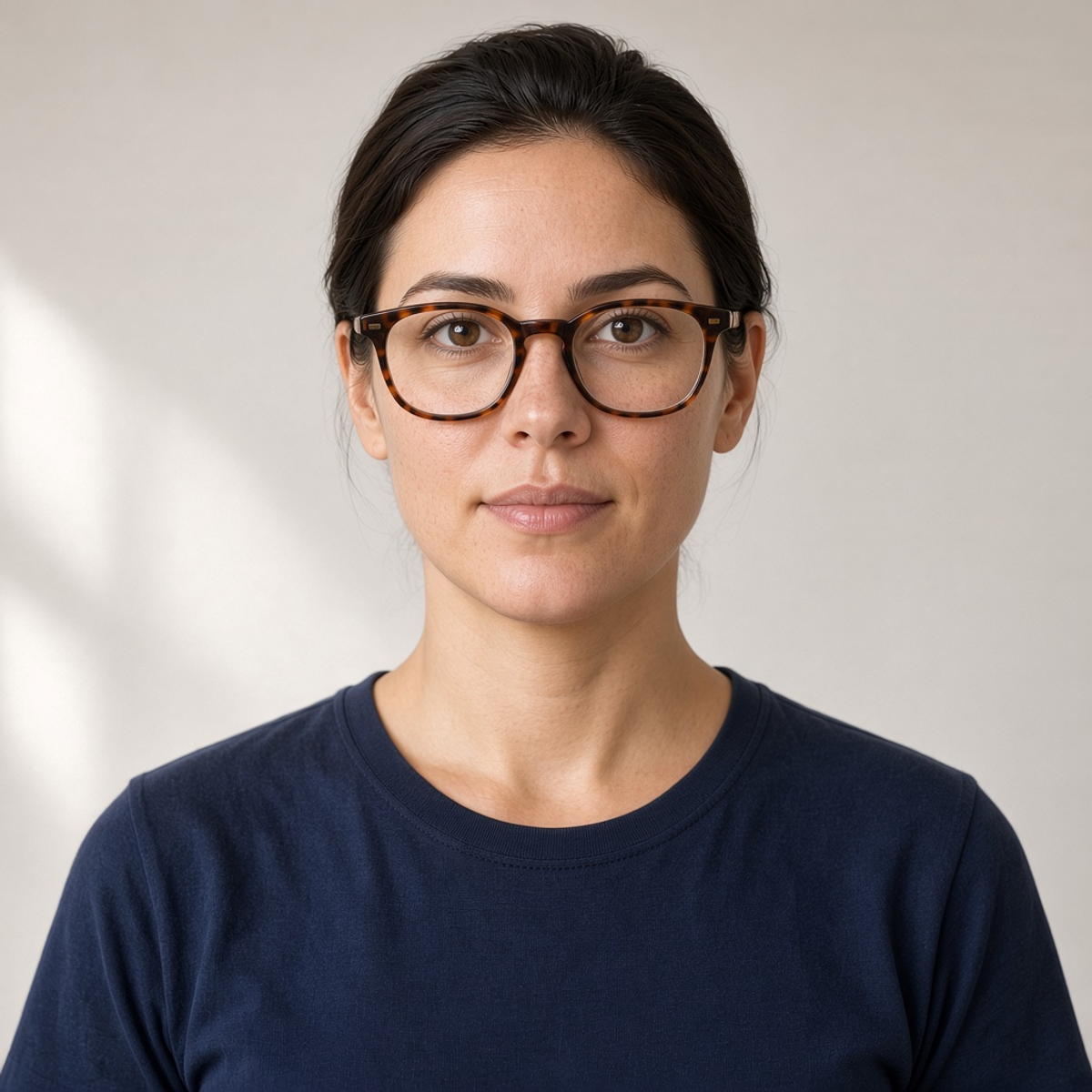 Sample portrait wearing mottled brown tortoiseshell glasses