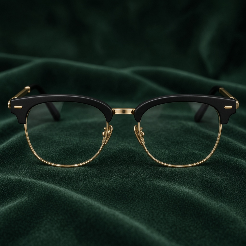 Clubmaster browline eyeglasses with a black top bar and thin gold lower rims