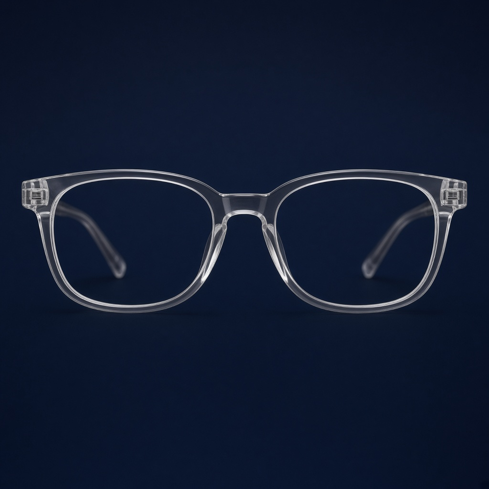 Transparent acetate eyeglasses with pale rectangular rims