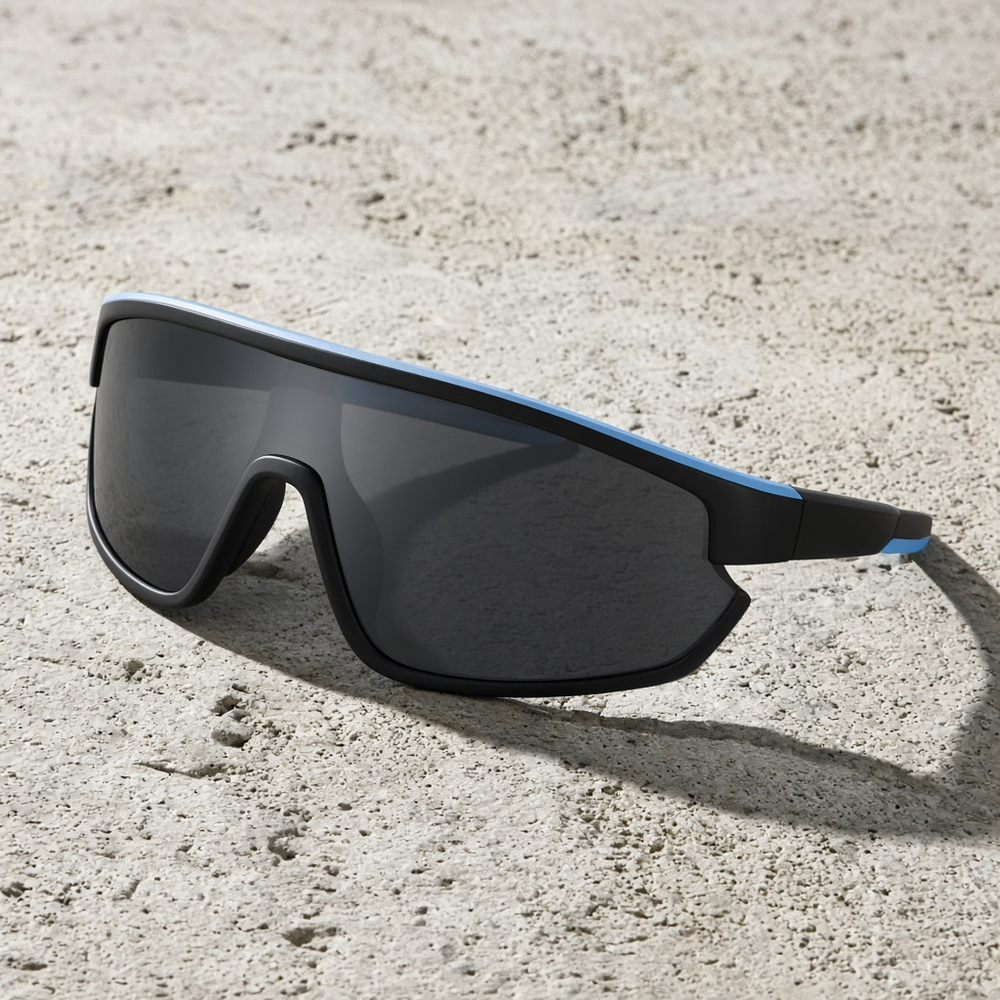 Sport wraparound sunglasses with a single wide shield lens