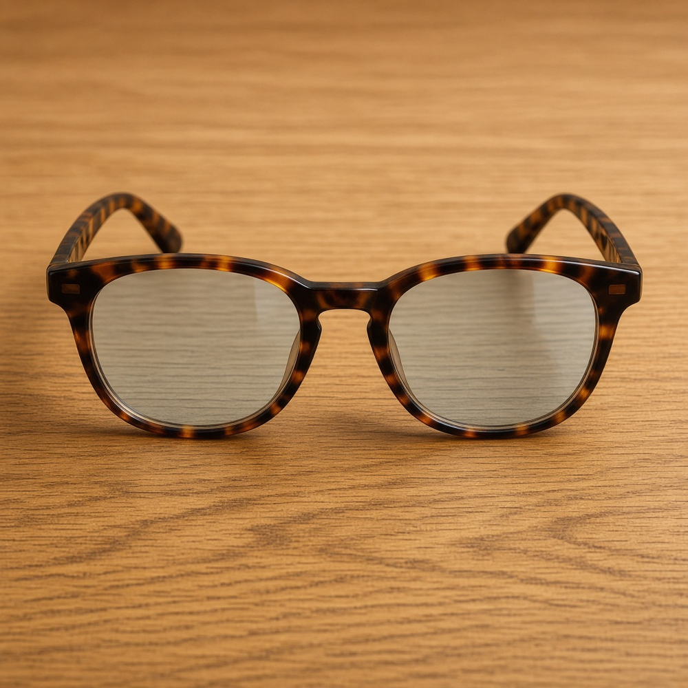 Tortoiseshell eyeglasses with mottled brown rounded-square frames